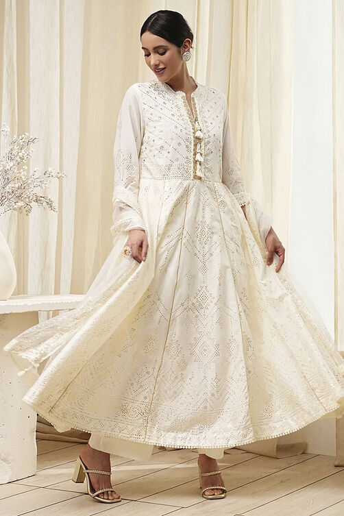 Off-White Cotton Embellished Anarkali Suit Set image number 0