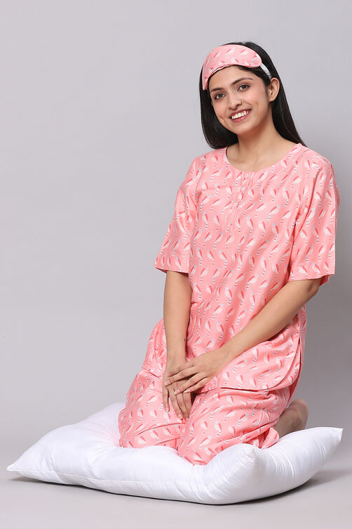 Blush Pink Straight Cotton Three Piece Printed Sleepwear Set image number 3
