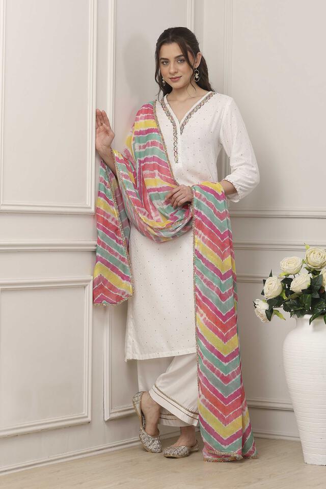 BIBA White Viscose Rayon Straight Suit Set in White