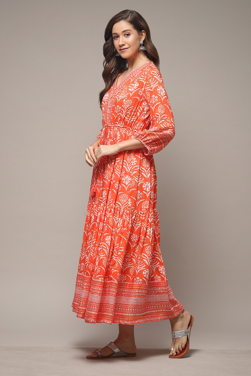 Orange Printed Tiered Dress image number 3