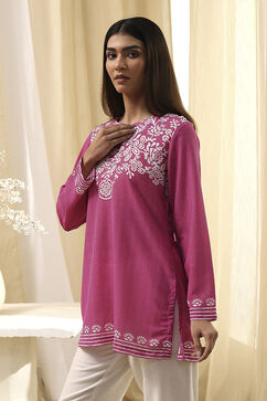 Pink Printed Straight Short Kurta image number 2