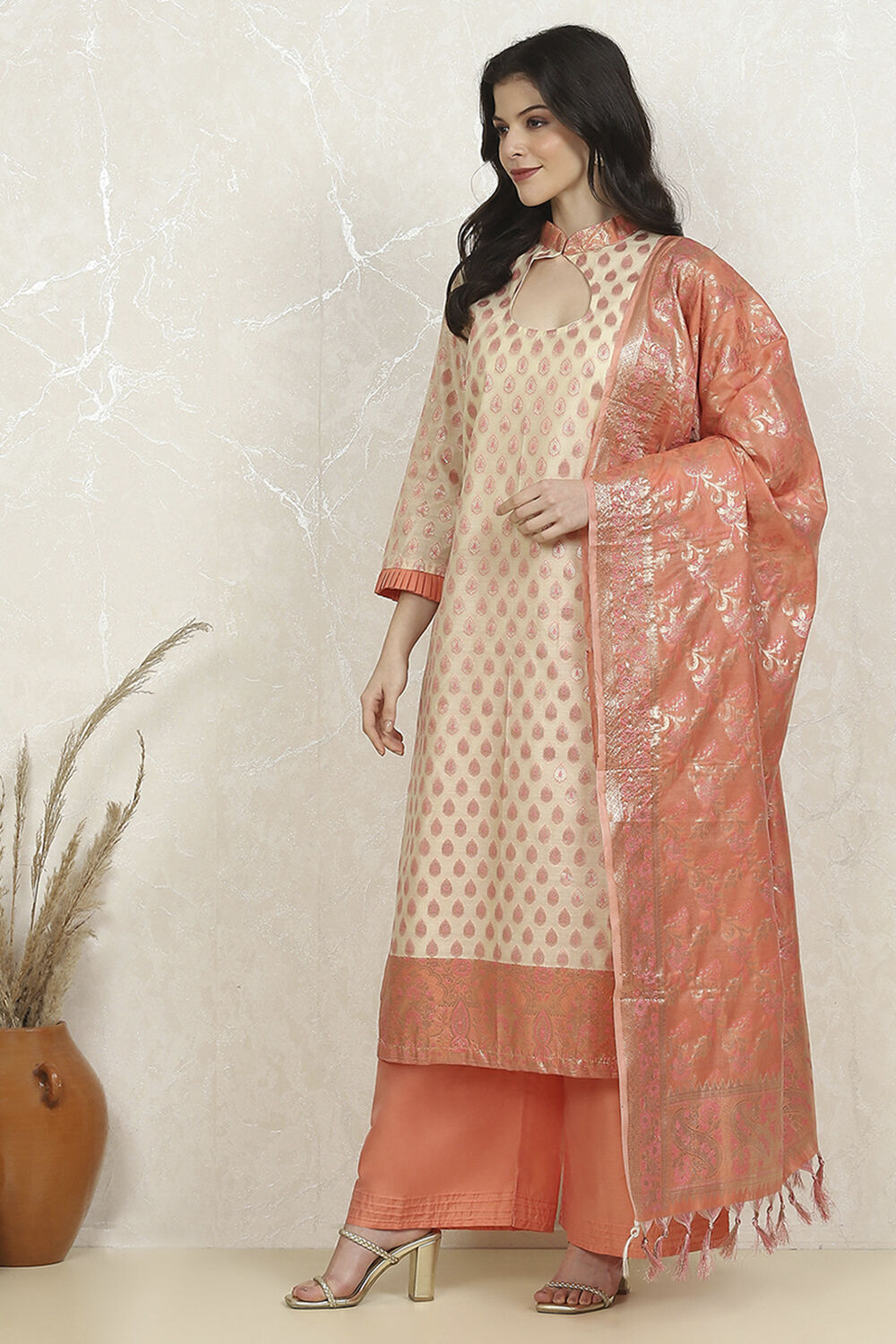 Grey Art Silk Woven Unstitched Suit Set image number 4