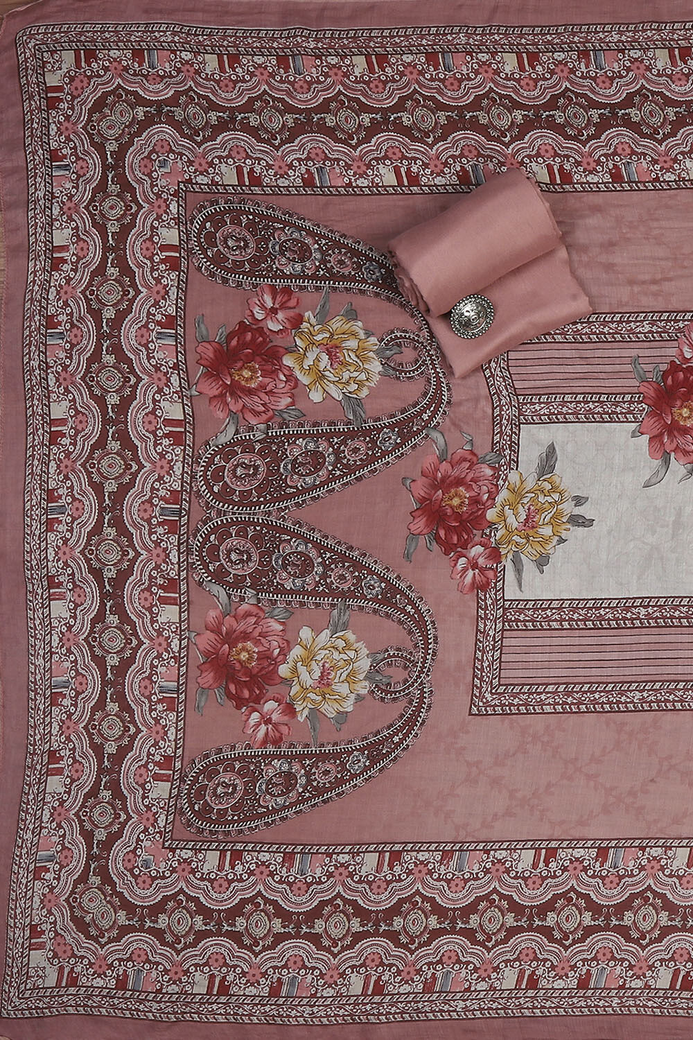 Wine Muslin Unstitched Suit Set image number 2