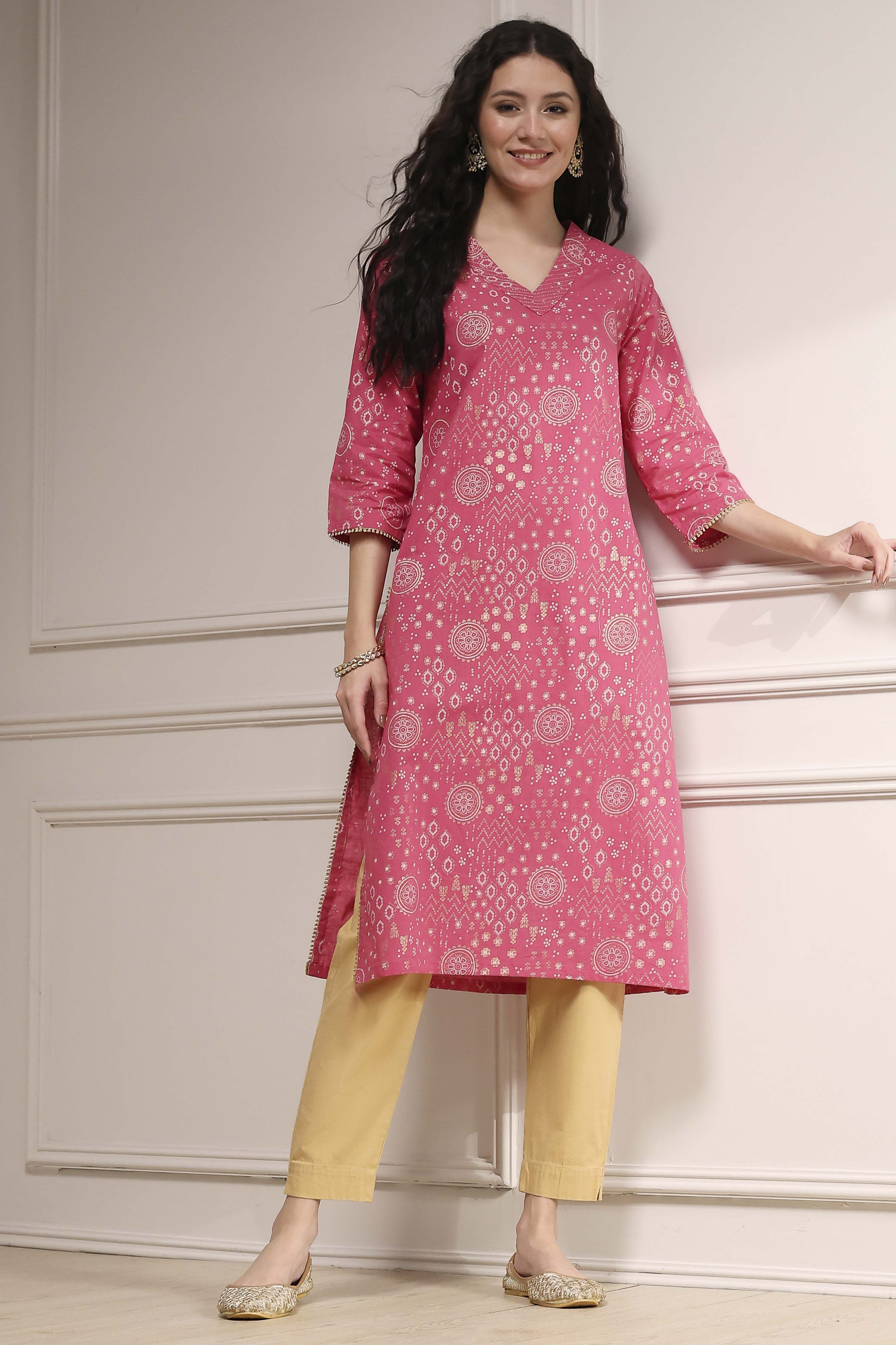 Pink Cotton Printed Straight Kurta image number 0