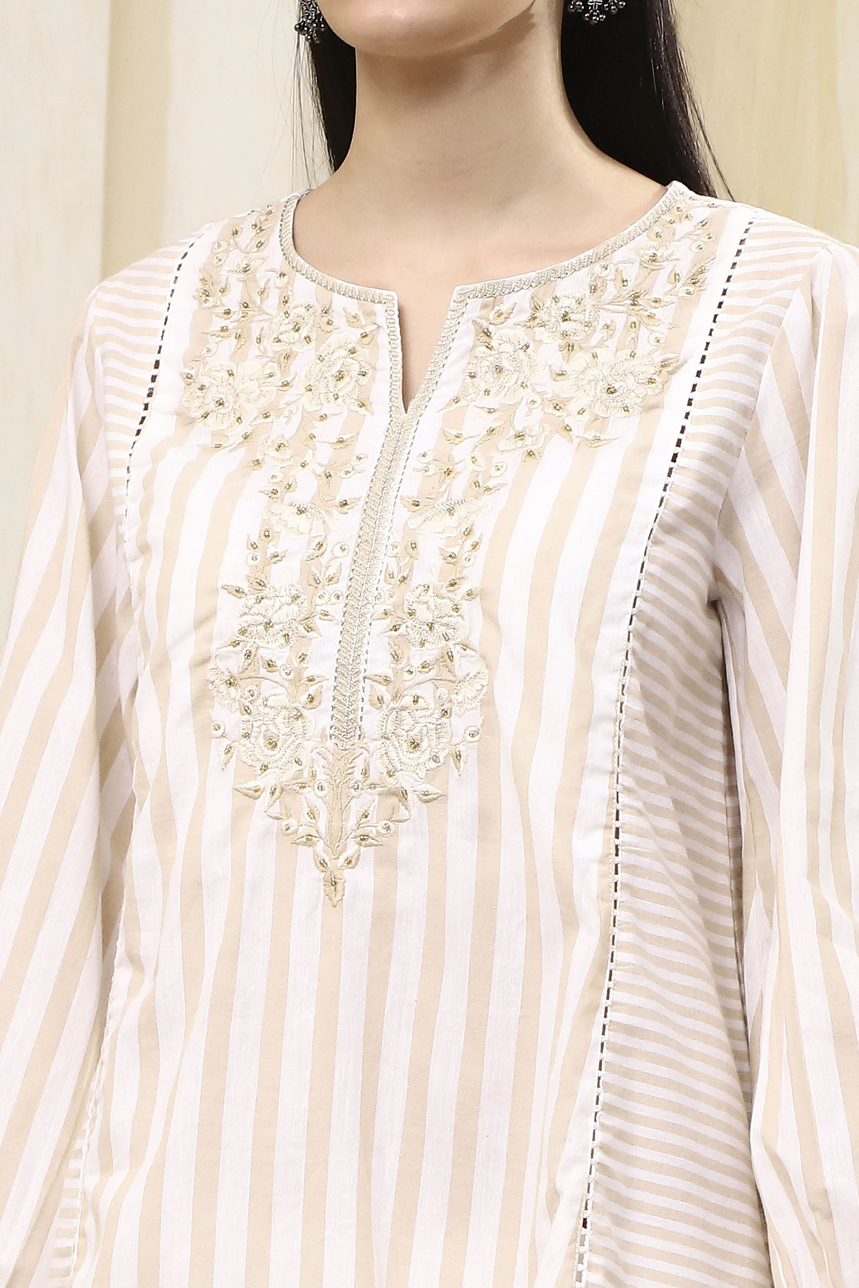 Beige Cotton A-Line Short Kurta image number 1