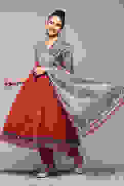 Maroon Cotton Printed Gathered Flared Suit Set image number 0