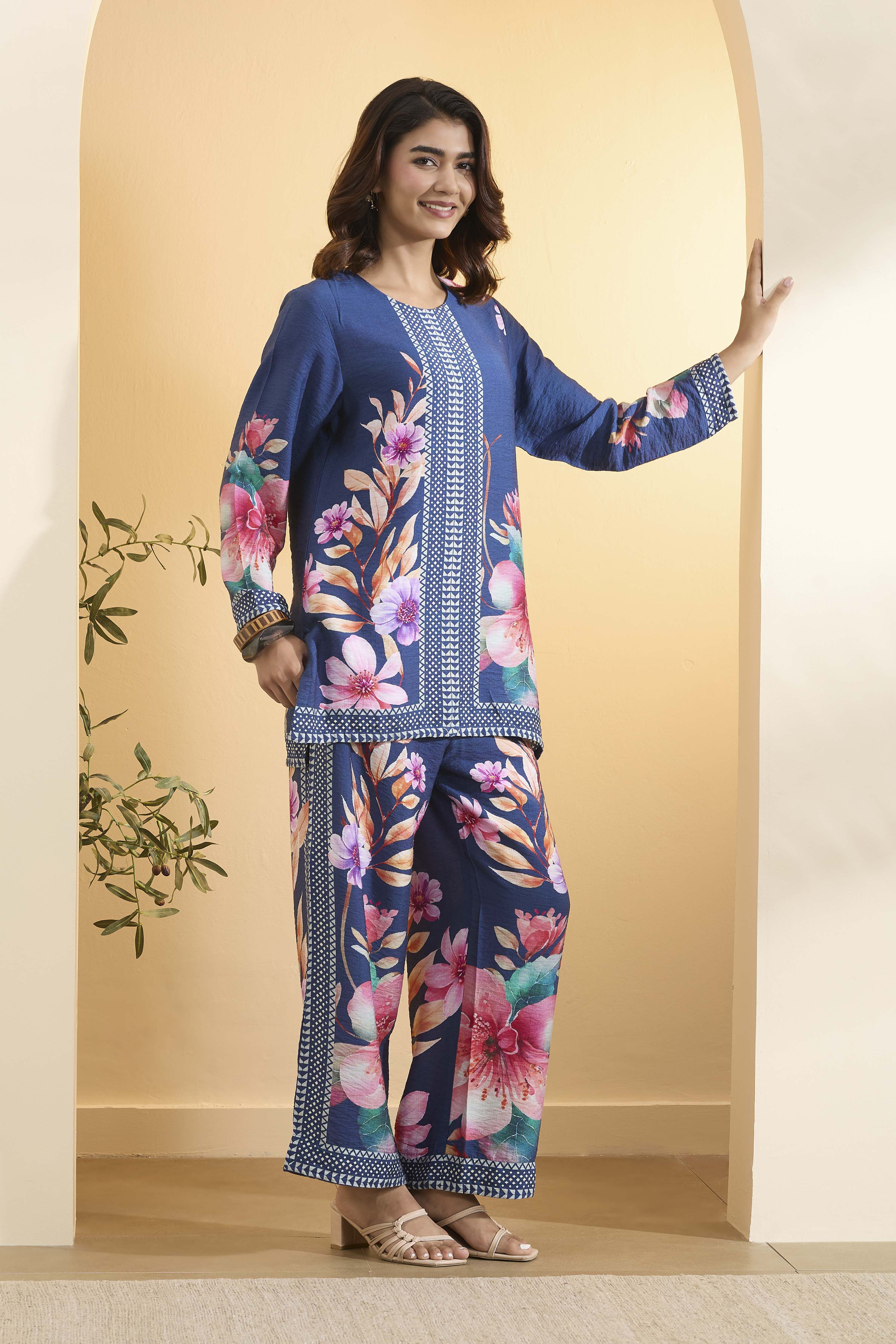 Blue Nylon Viscose Floral Printed Co-ord Set image number 5