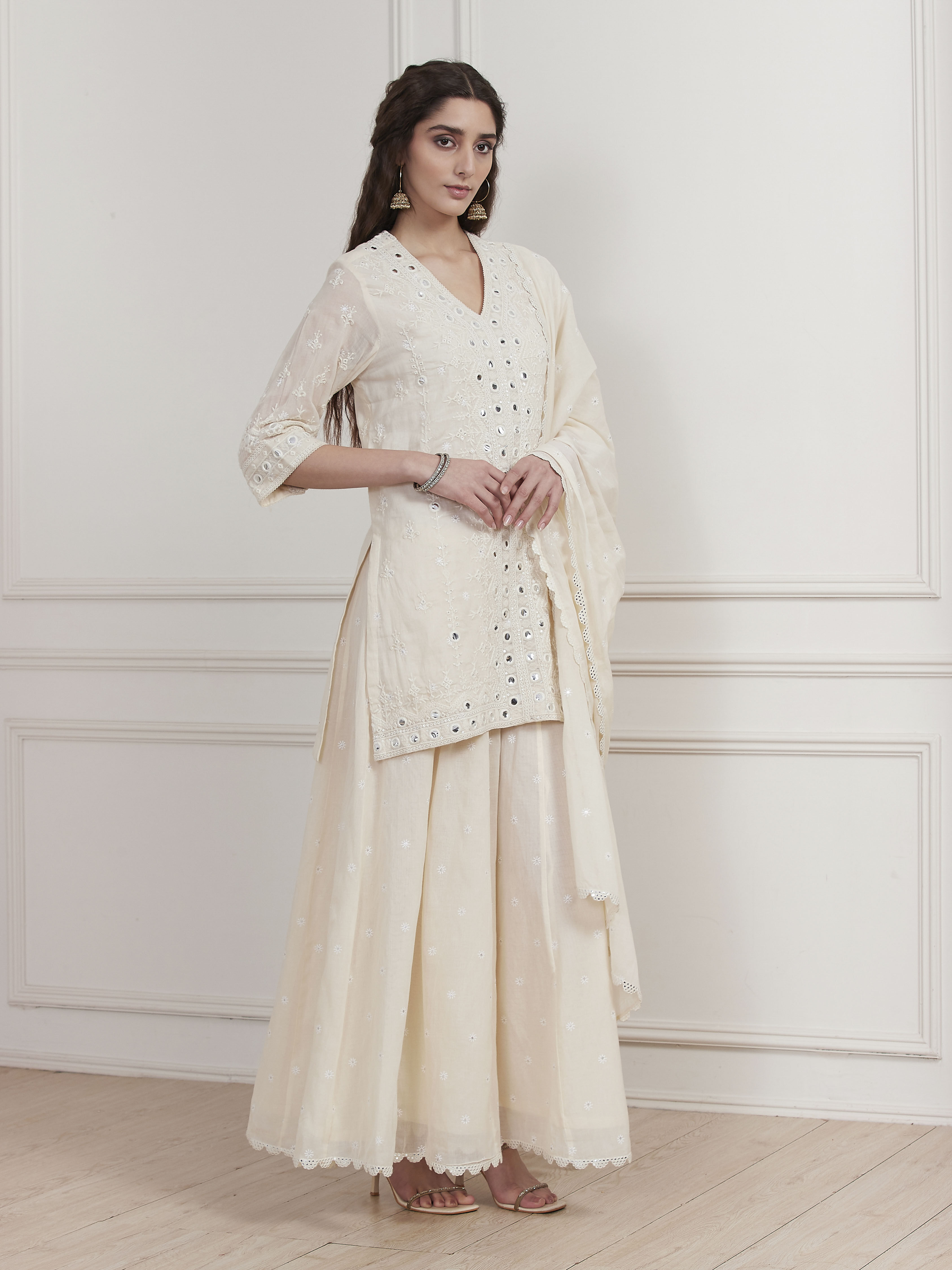Ecru Cotton Embroidered Straight Sharara Suit Set image number 5