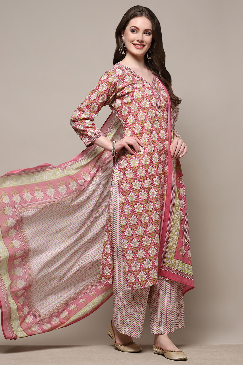 Blue Cotton Screen Printed Unstitched Suit Set image number 7