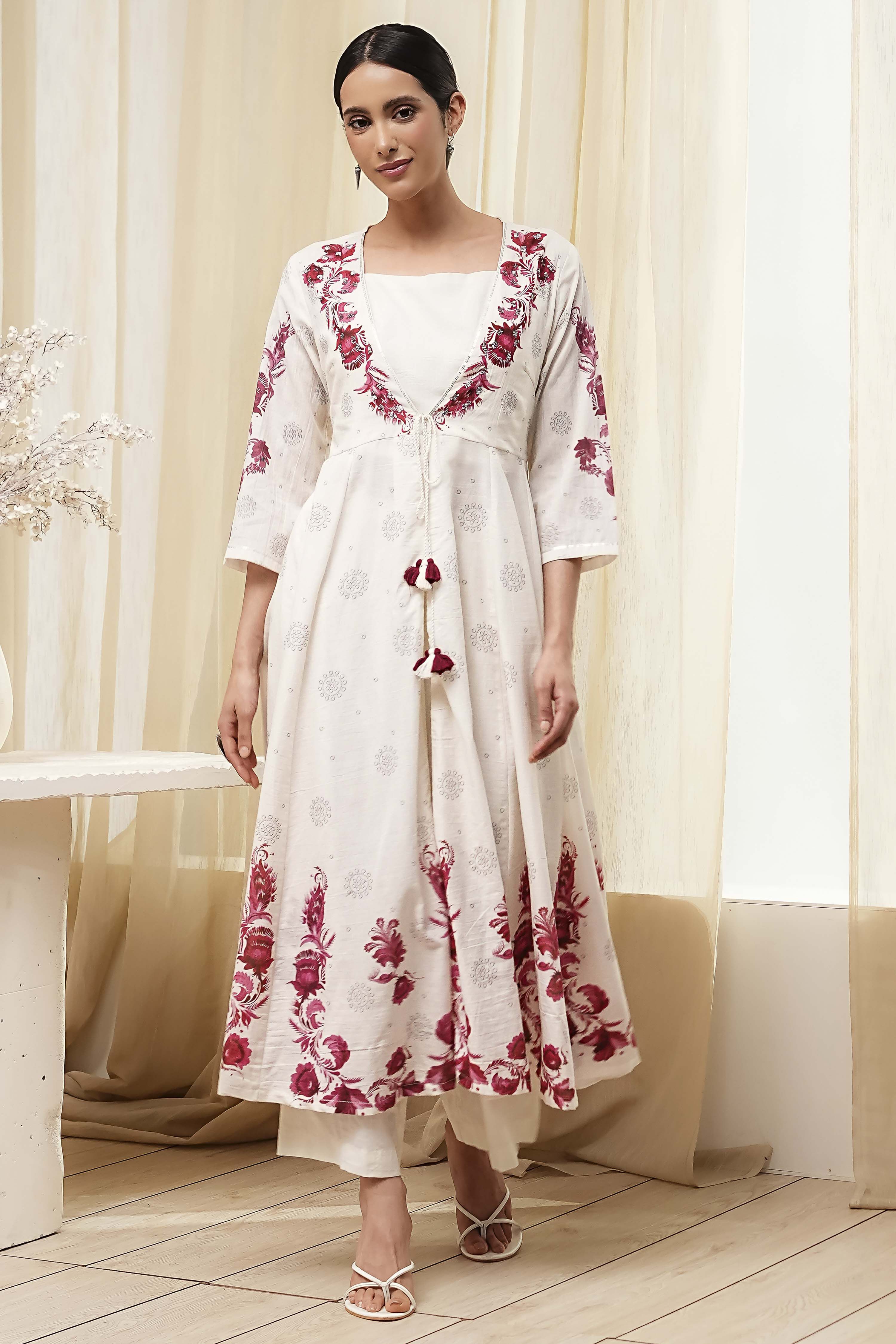 Off-White and Red Anarkali Fusion Set image number 6