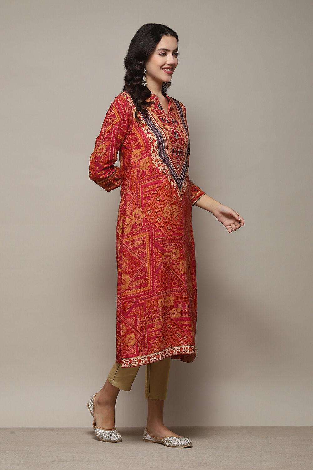 Red Printed Straight Kurta image number 4
