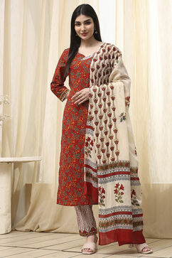 Pink Cotton Screen Print Unstitched Suit Set image number 1