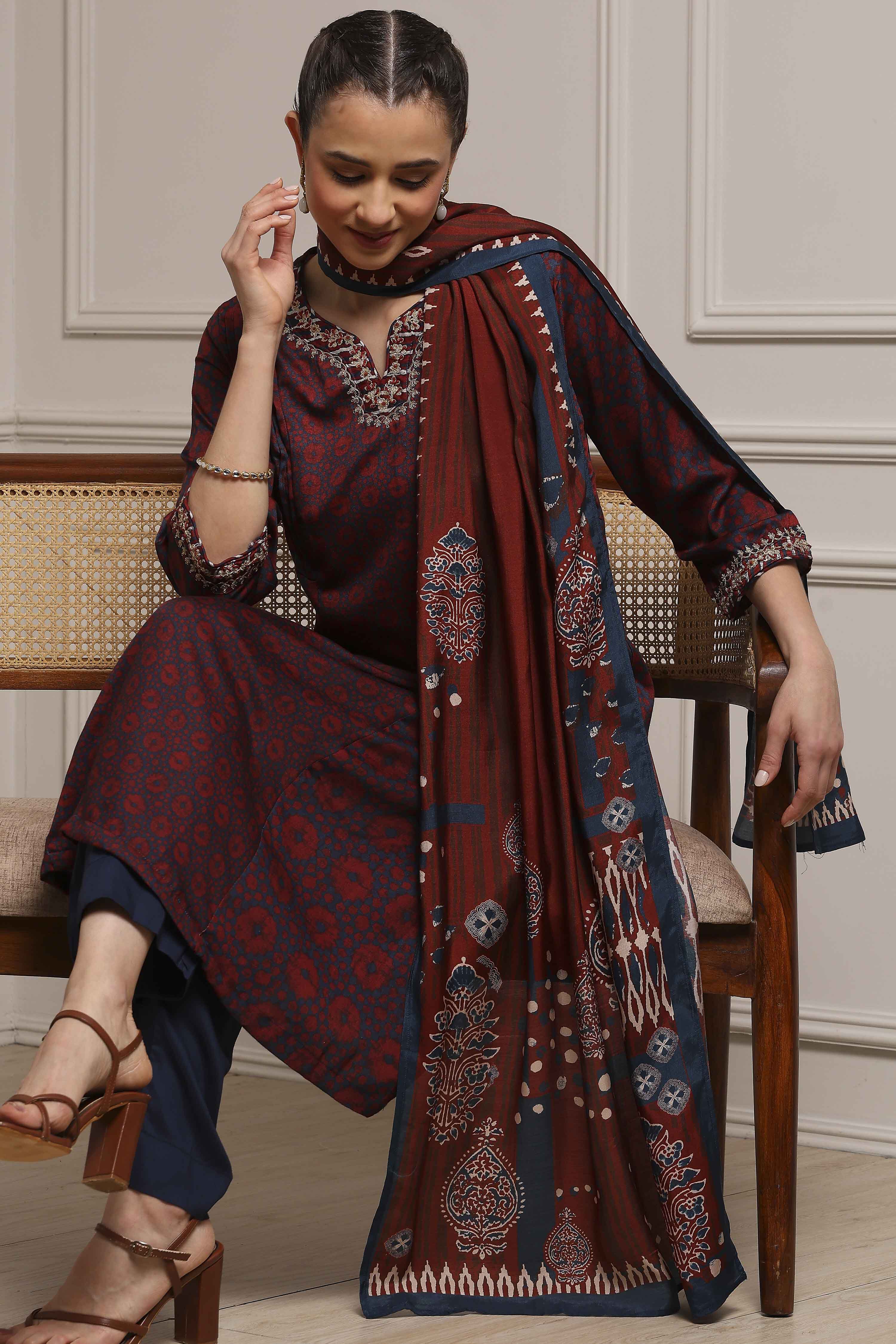 Blue-Brown Modal Straight Printed Suit Set image number 0