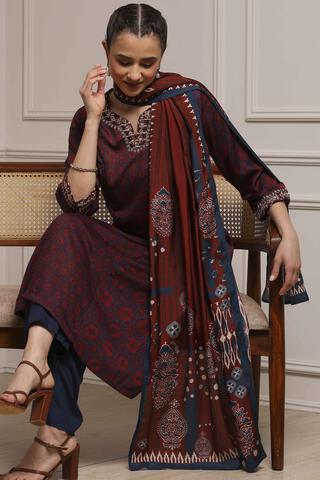 BIBA Blue-Brown Modal Straight Printed Suit Set in Blue