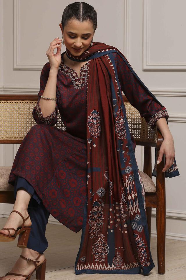BIBA Blue-Brown Modal Straight Printed Suit Set in Blue