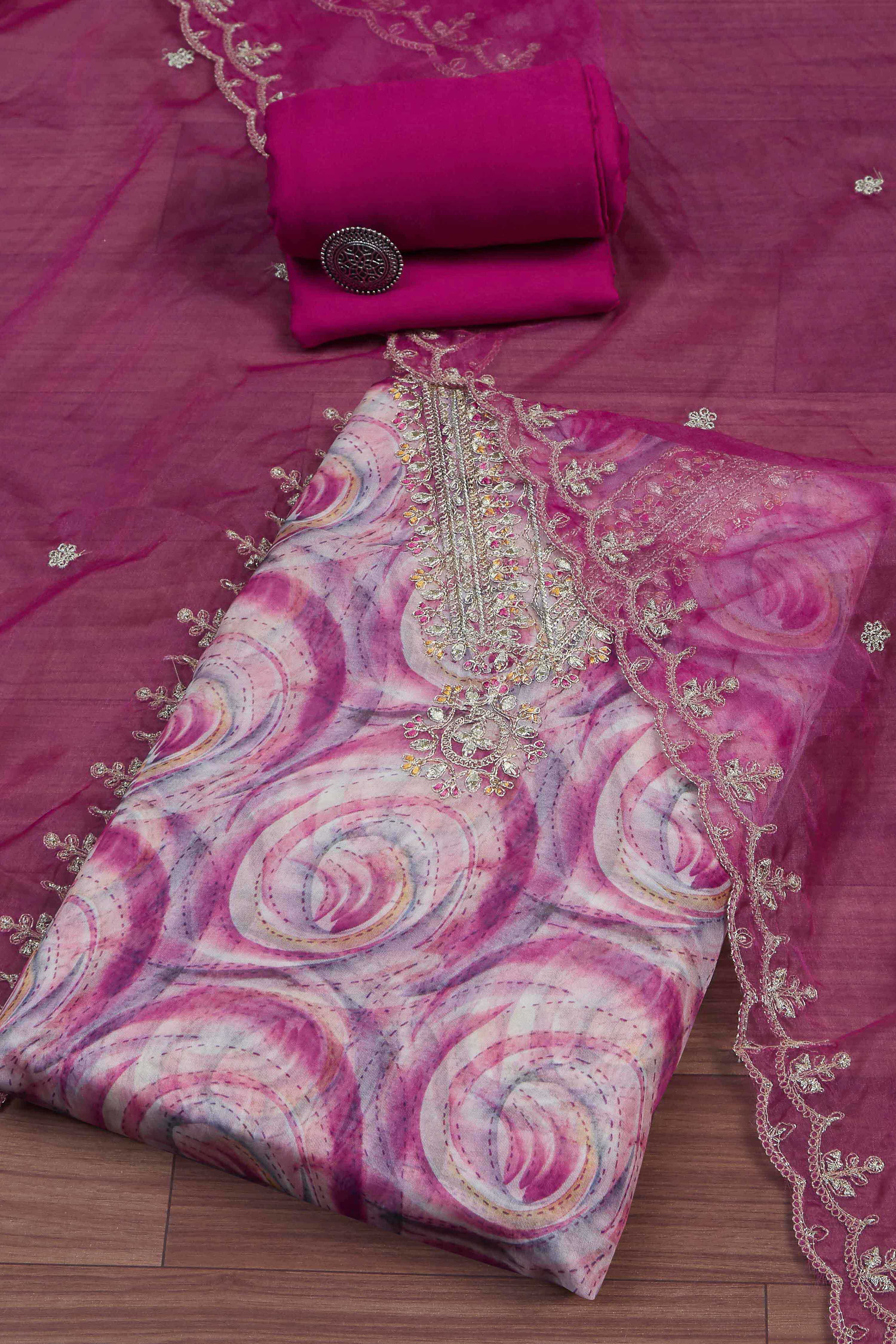 Pink Organza Rajasthani Print Unstitched Suit Set image number 0