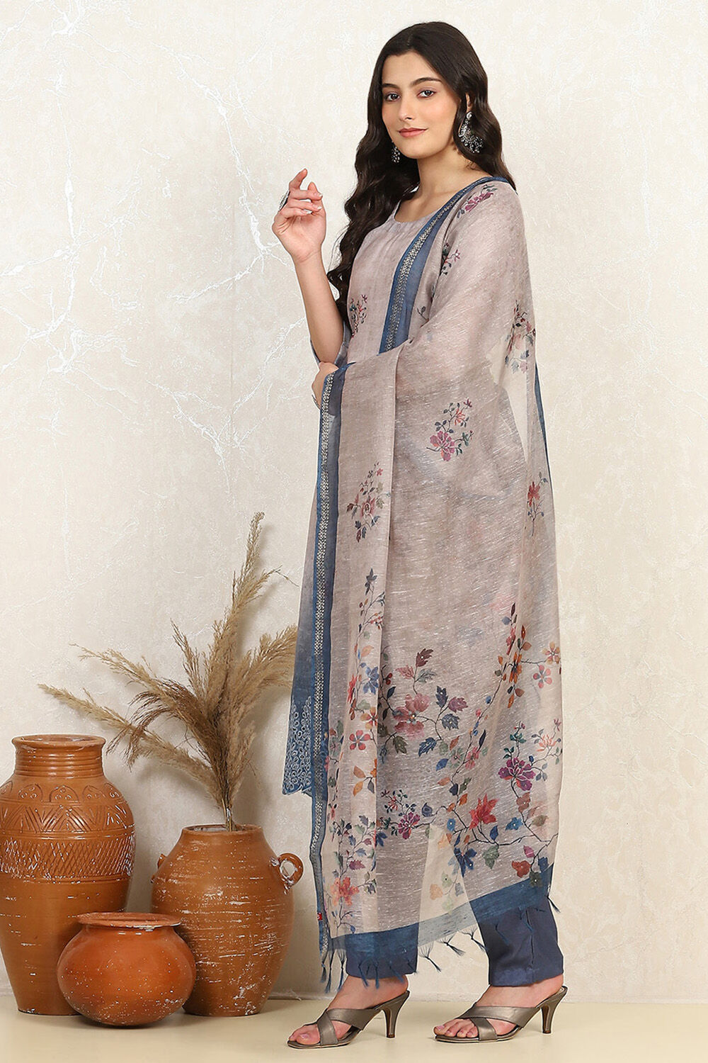 Rust Linen Printed Unstitched Suit Set image number 4