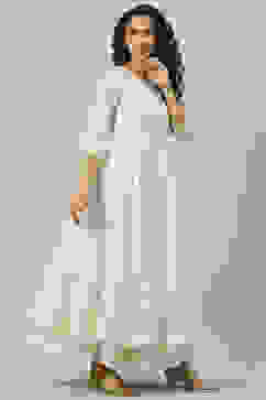 Off White Art Silk Anarkali Printed Dress image number 2