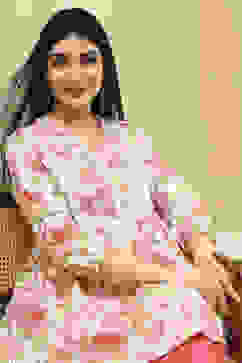 Pink Cotton Floral Flared Short Kurta image number 0