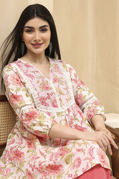 Pink Cotton Floral Flared Short Kurta image number 0