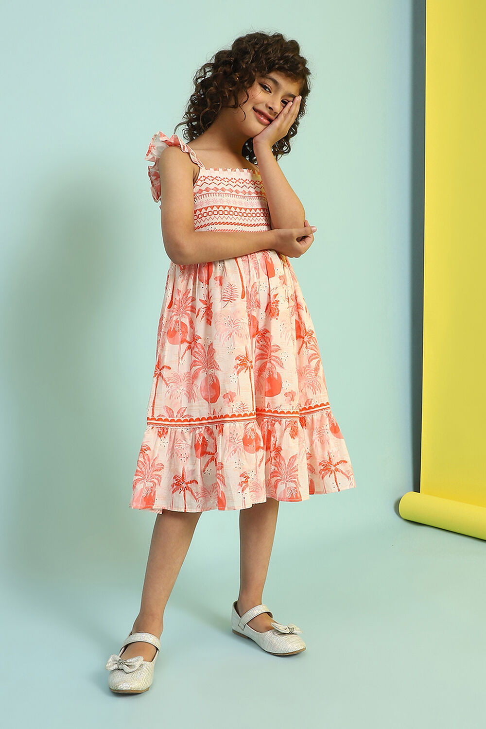 White and Orange Cotton Schiffli Tiered Dress image number 0