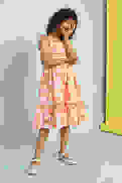 White and Orange Cotton Schiffli Tiered Dress image number 0