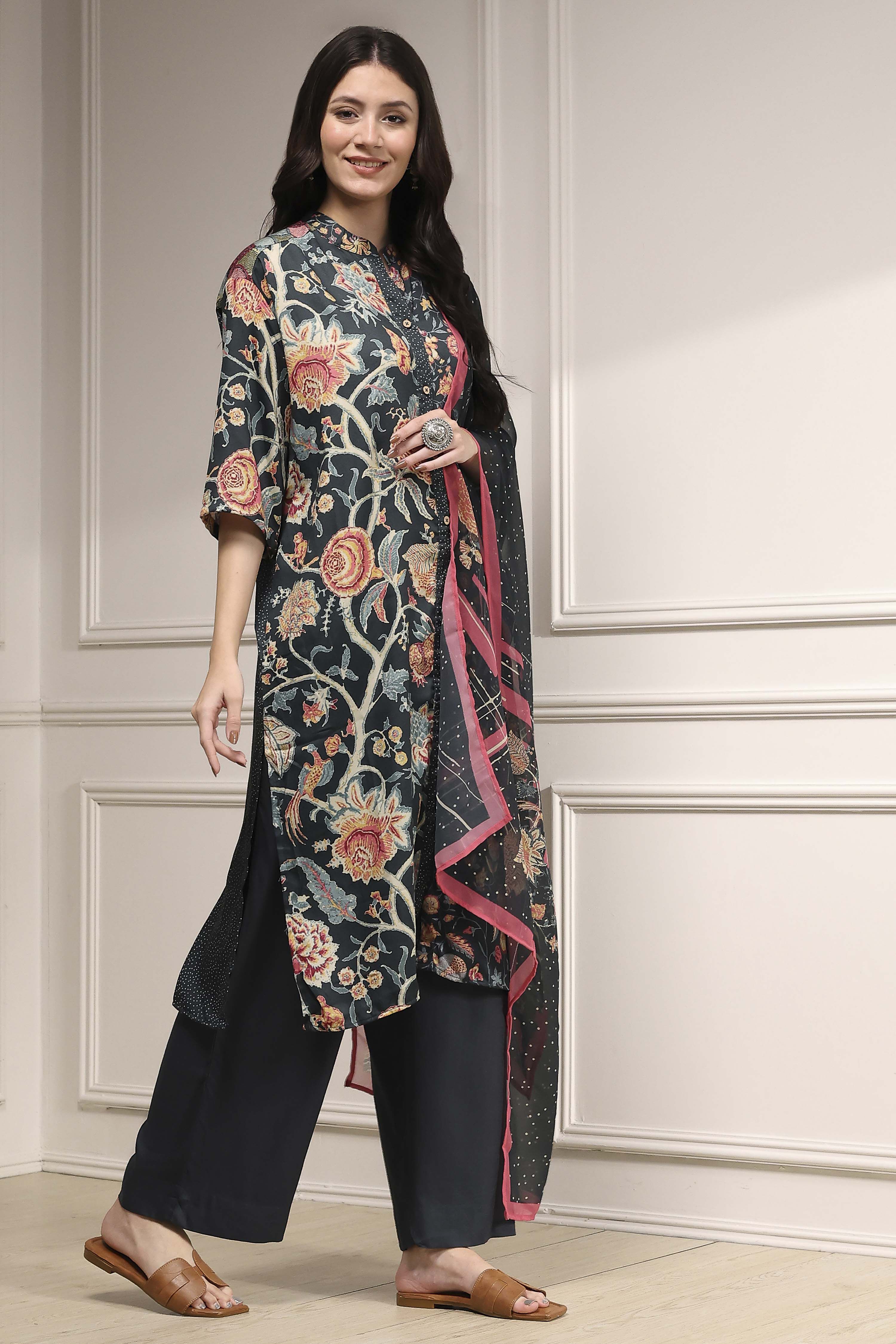 Charcoal Printed Straight Suit Set image number 5