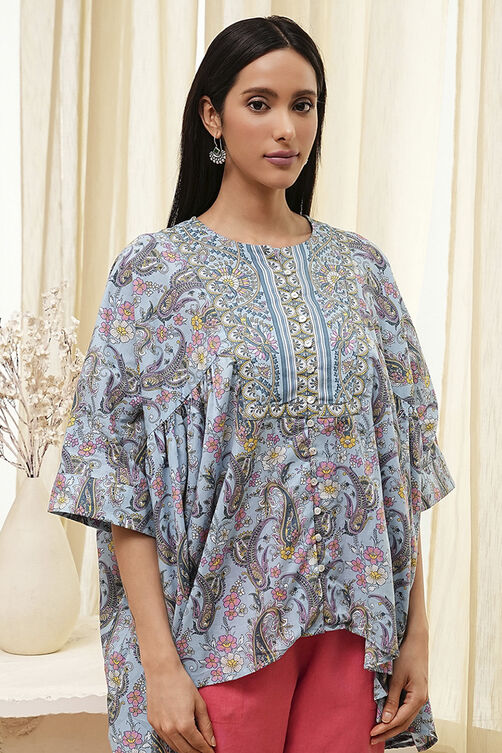Dull Blue Cotton Flared Short Kurta image number 1