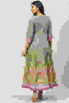 Olive Green Cotton Flared Printed Dress image number 4