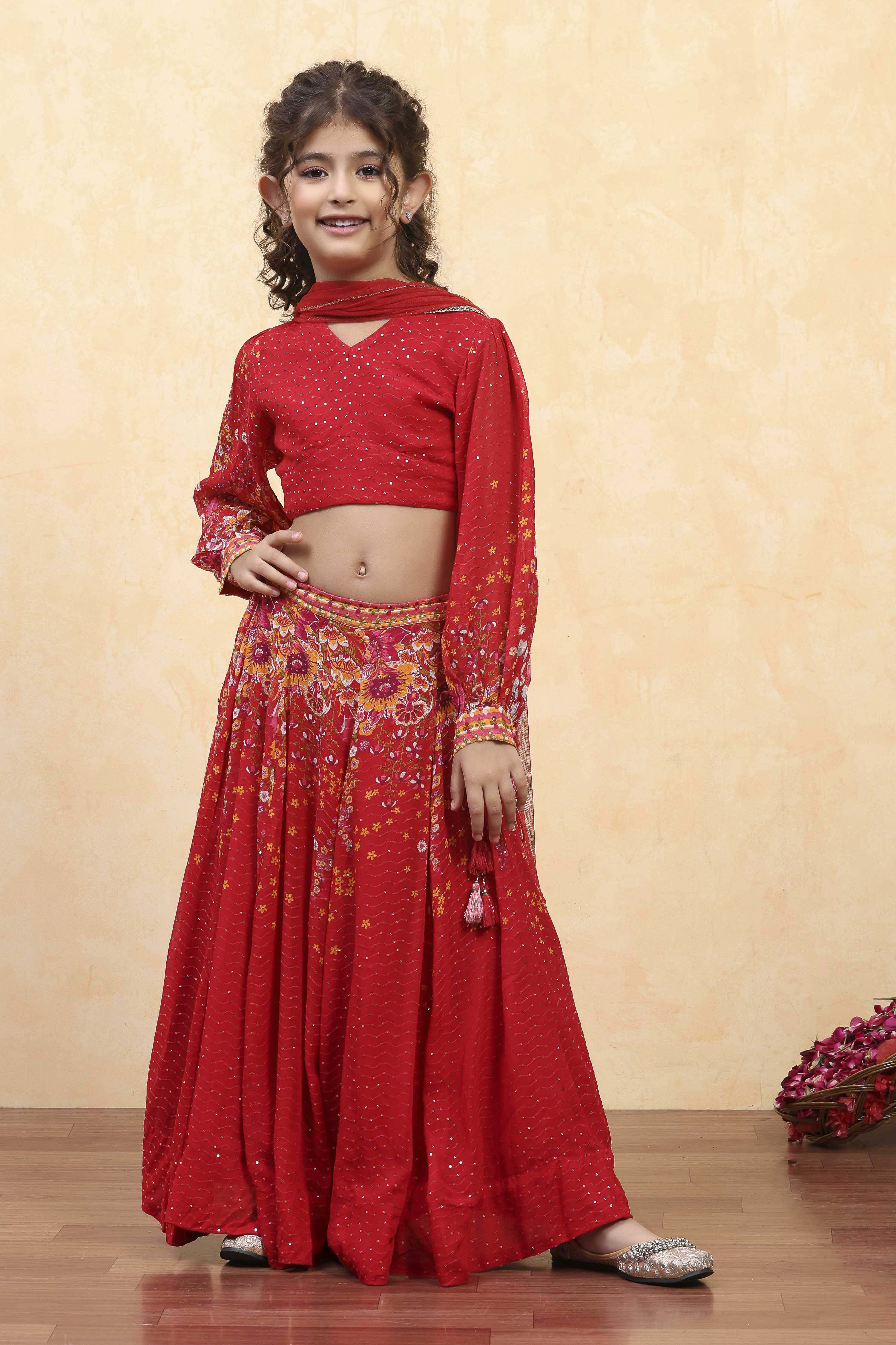 Red Viscose Rayon Printed Kalidar Lehenga Set image number 0