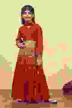 Red Viscose Rayon Printed Kalidar Lehenga Set image number 0