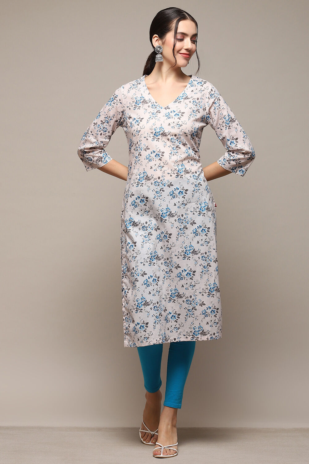 Cream Cotton Blend Floral Printed Straight Kurta image number 5
