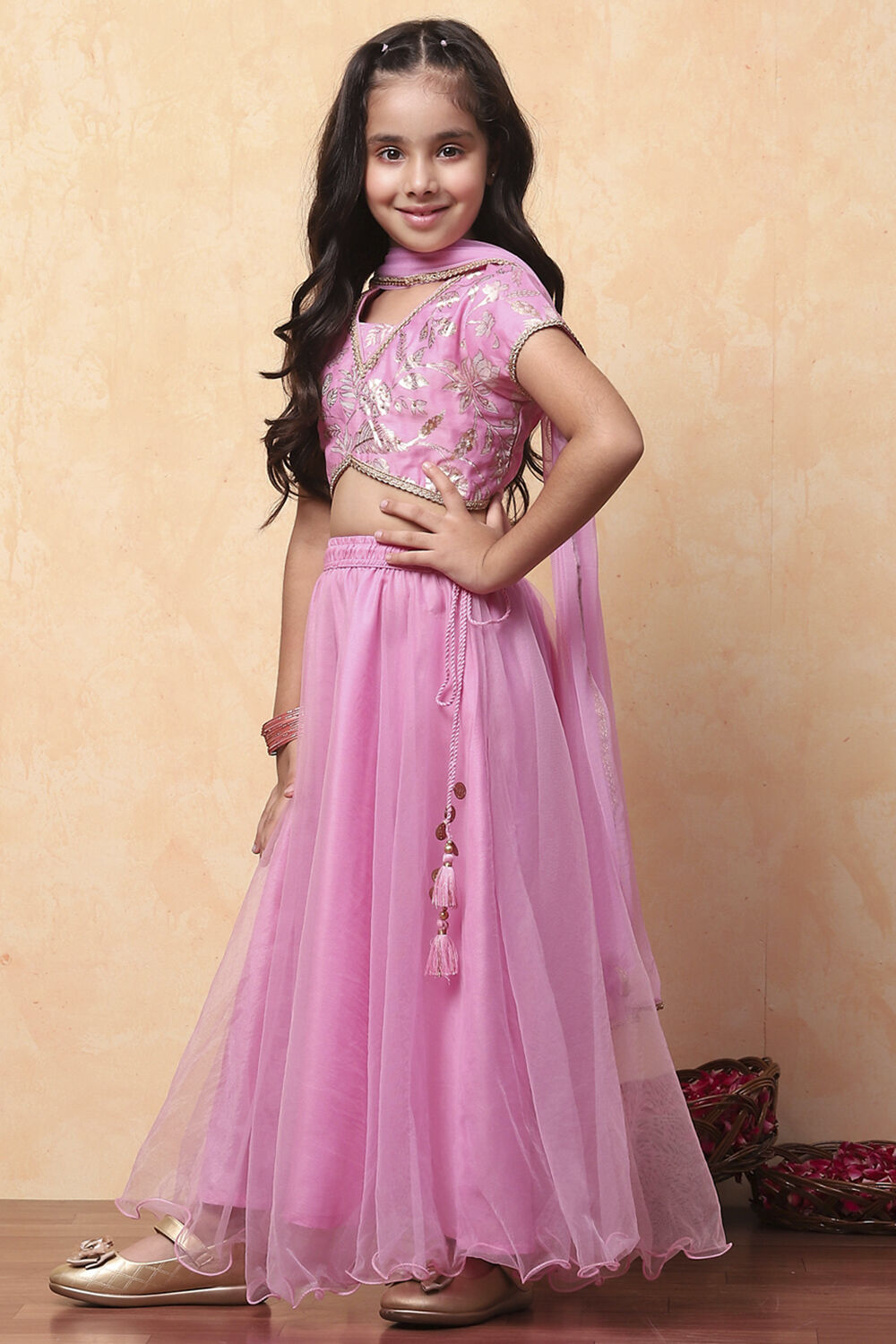 Pink Poly Chanderi Floral Festive Flared Lehenga Set image number 3