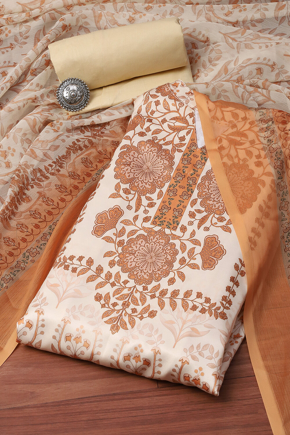 Beige Cotton Screen Print Unstitched Suit Set image number 0