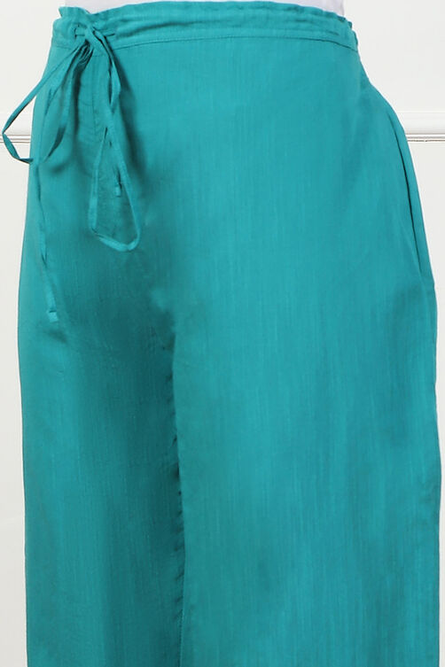 Blue Jacquard Solid Straight Palazzo Pants image number 1