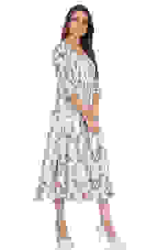 Off White Flared Cotton Printed Dress image number 3