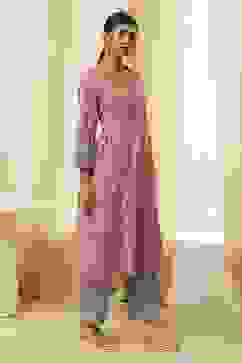 Pink Pure Cotton Printed A-Line Kurta image number 4