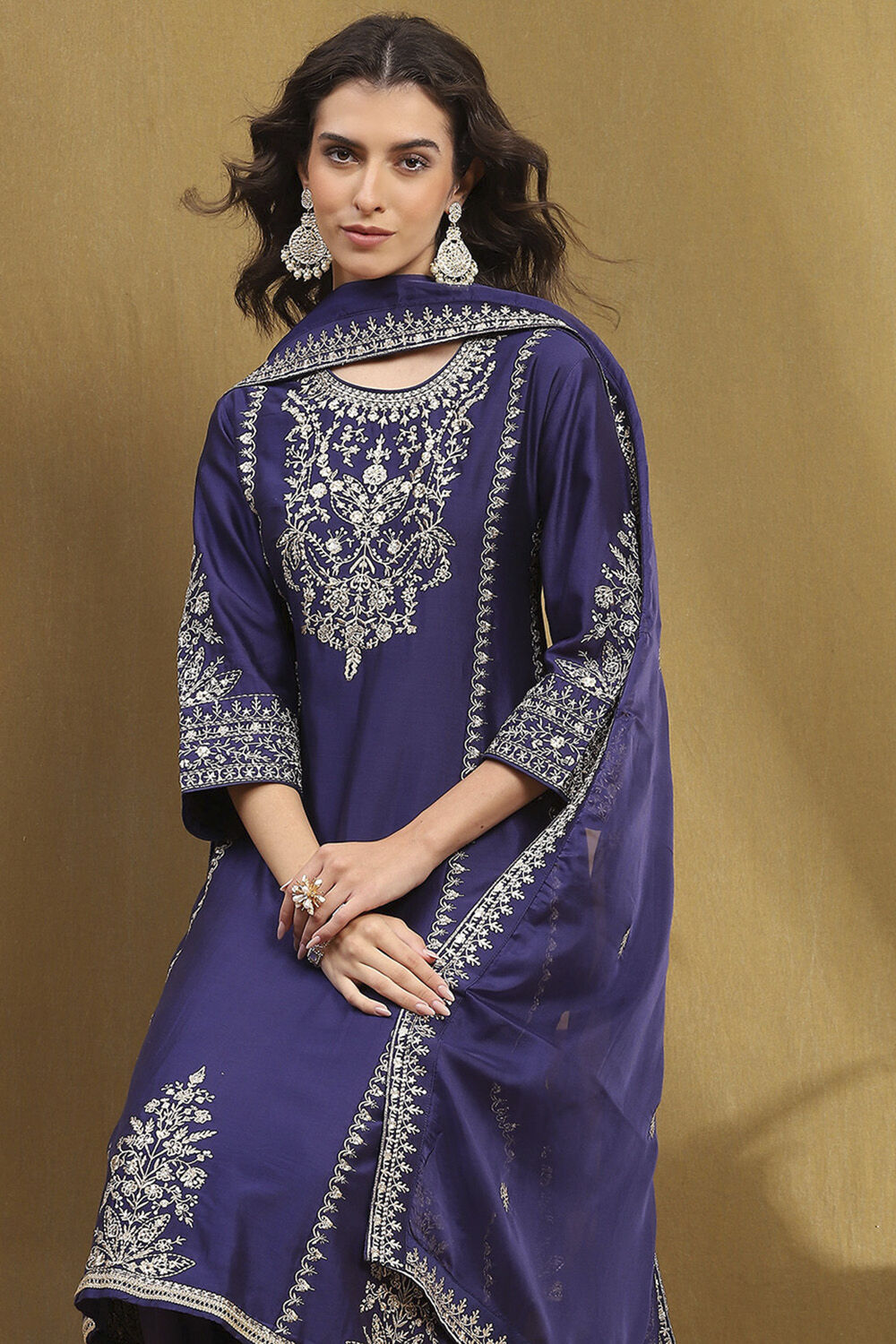 Purple Silk Chanderi Embroidered Kalidar Suit Set image number 0