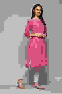 Pink Cotton Straight Printed Kurta image number 3