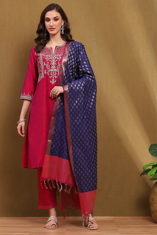 Magenta Floral Embroidered Festive Straight Suit Set image number 6
