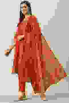 Red Printed Cotton Straight Kurta Slim Pants Suit Set image number 5