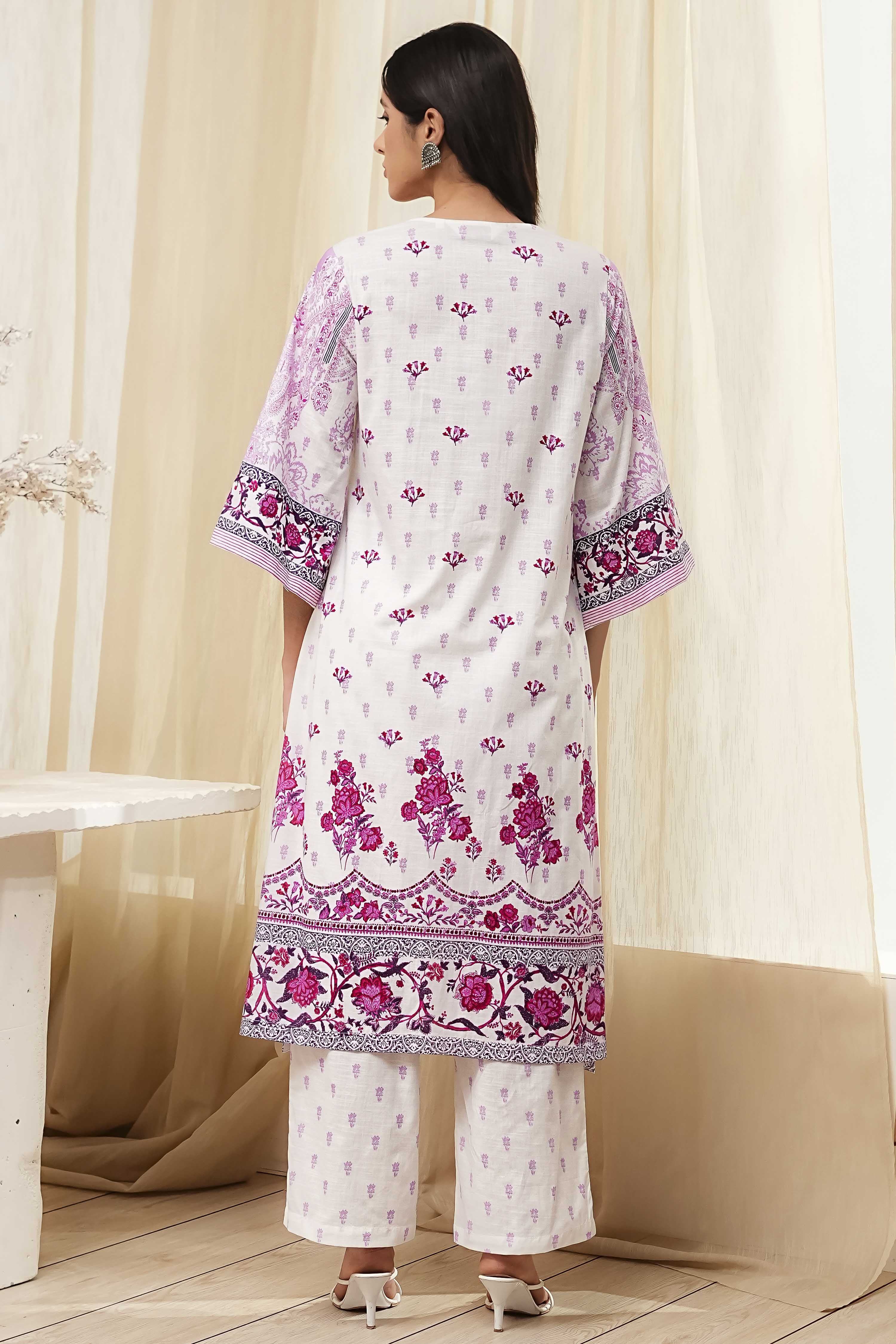 White and Pink Cotton Printed Straight Suit Set image number 4