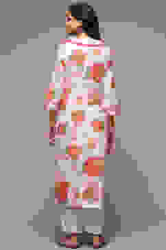 White & Pink Cotton Gathered Kurta Pants Suit Set image number 2