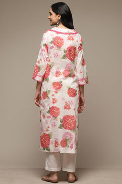 White & Pink Cotton Gathered Kurta Pants Suit Set image number 2