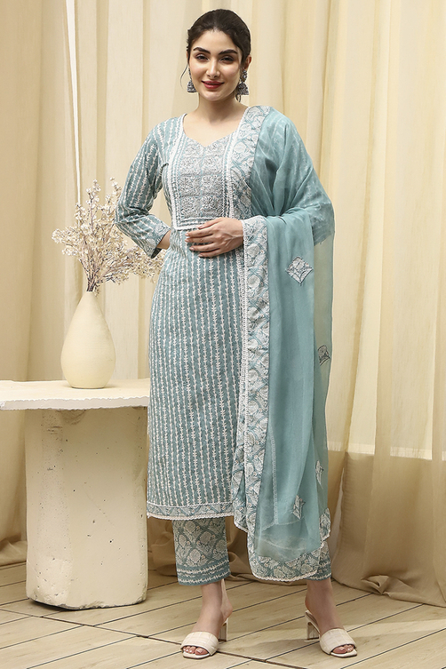 Buy Teal Cotton Printed Unstitched Suit Set Online at Biba India