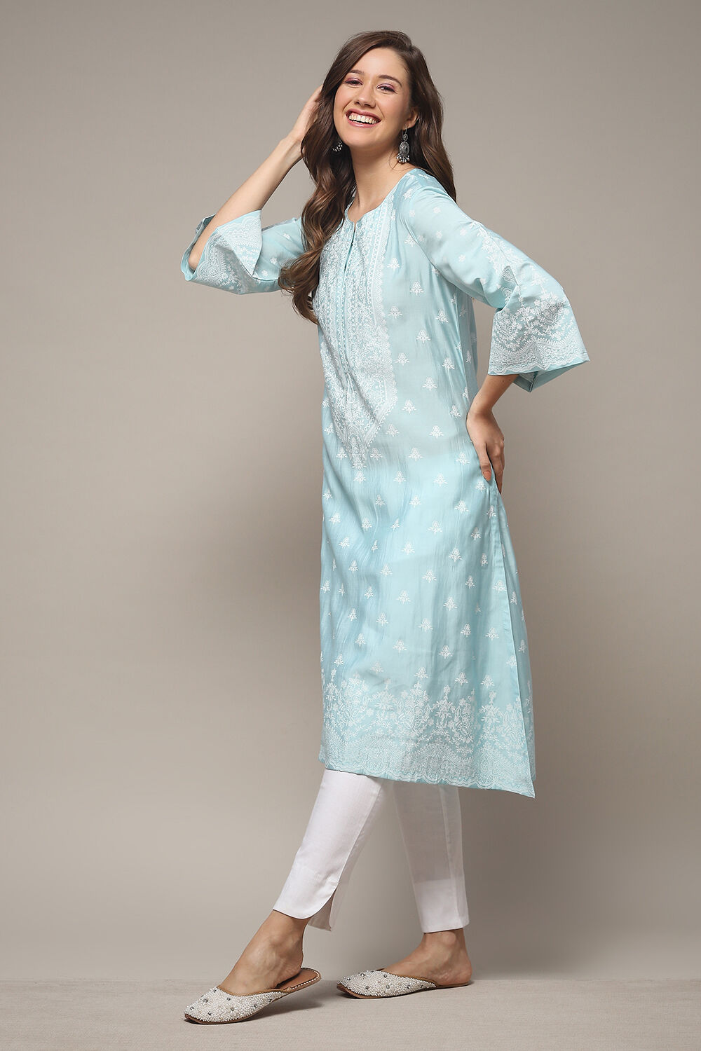 Blue Viscose Straight Printed Kurta image number 0