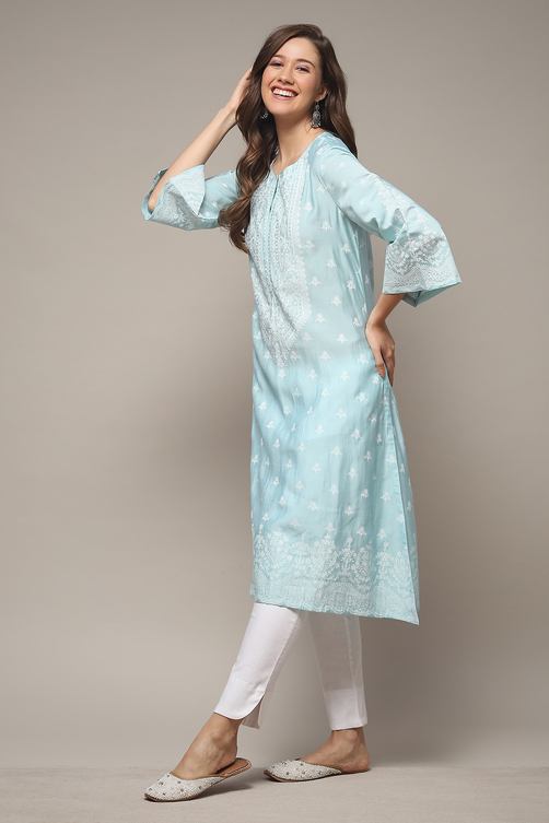Blue Viscose Straight Printed Kurta image number 0
