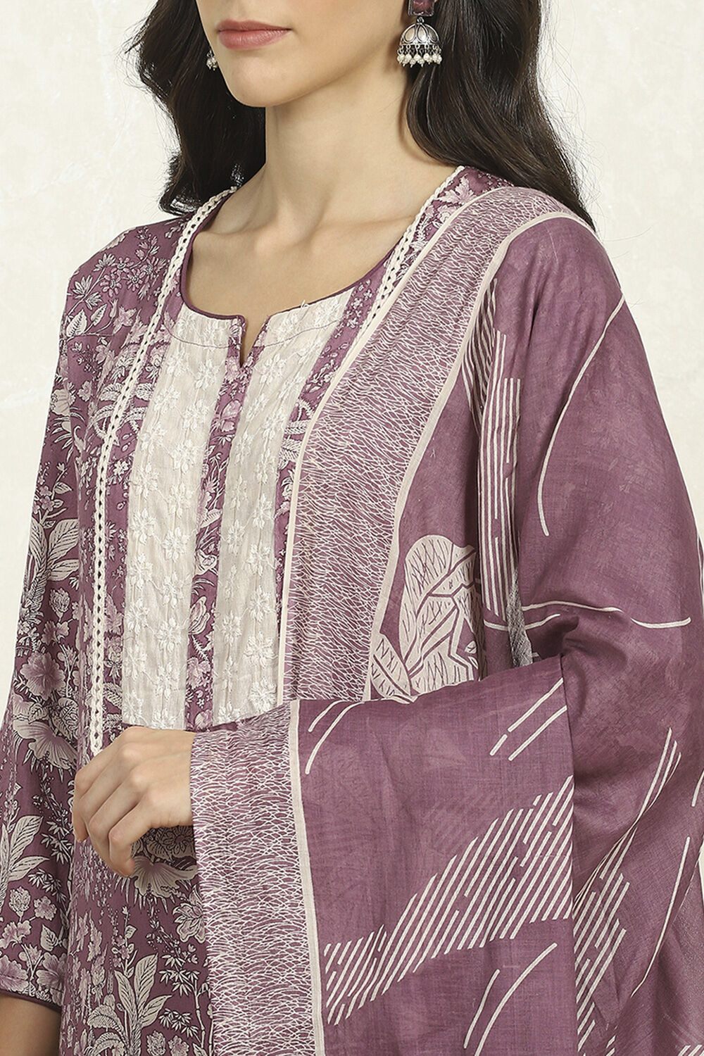Purple Cotton Floral Printed Unstitched Suit Set image number 2
