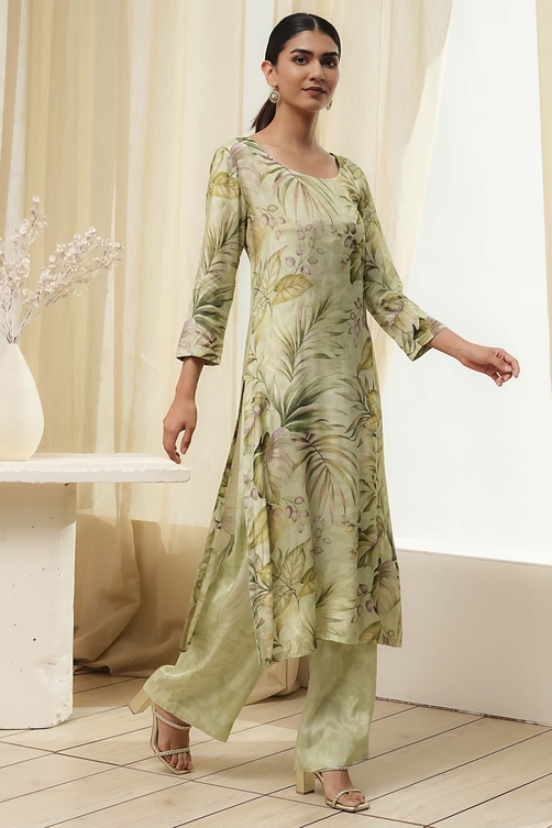 Green Modal Floral Printed Straight Kurta Set image number 5
