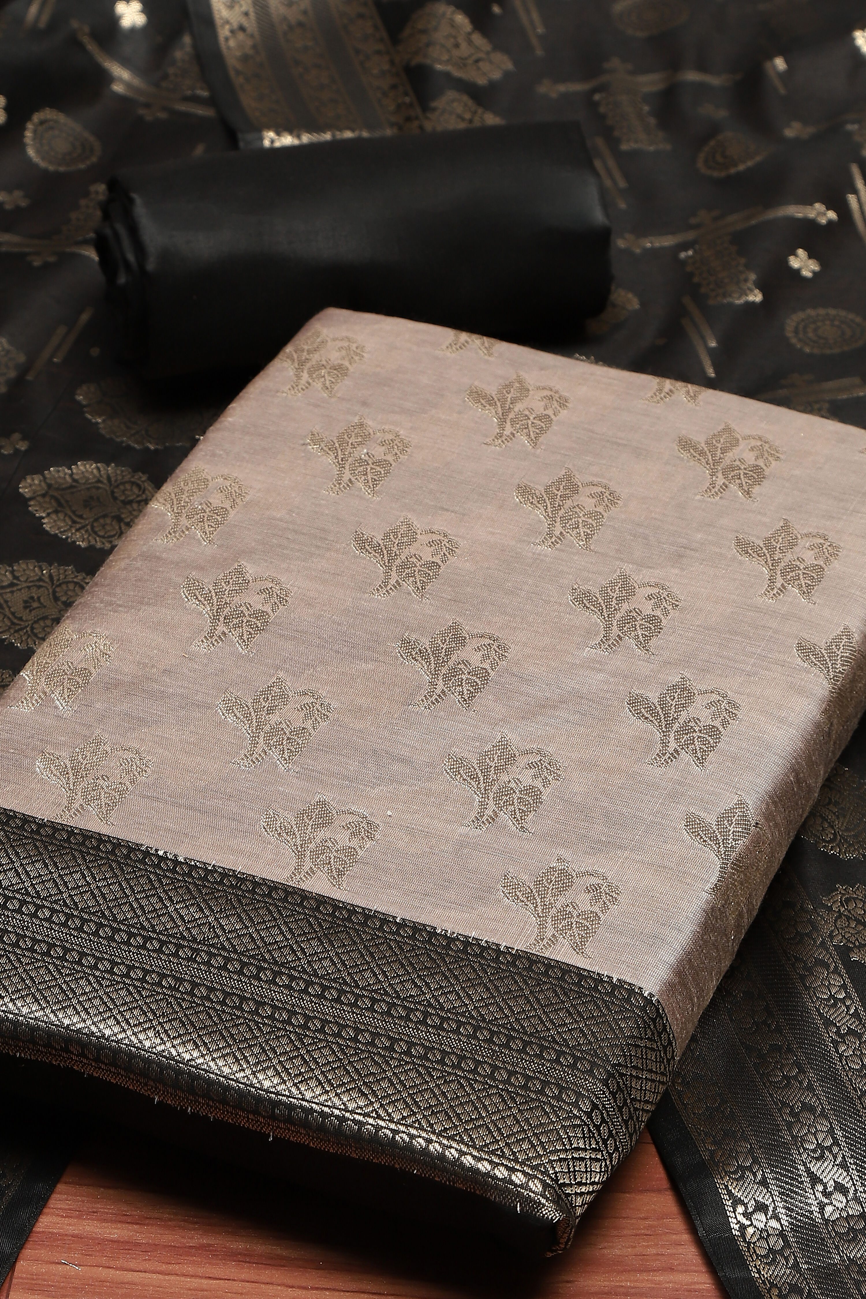 Grey Cotton Printed Embroidered Unstitched Suit Set image number 2